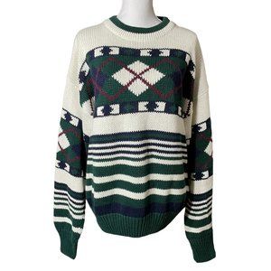 VTG Argyle Sweater L Structure Mens Diamond Striped Geometric Chunky Knit